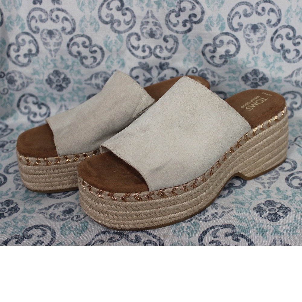 TOMS Women's Beige Suede‎ Espadrille Platform Wedge Slide Sandals US 9.5